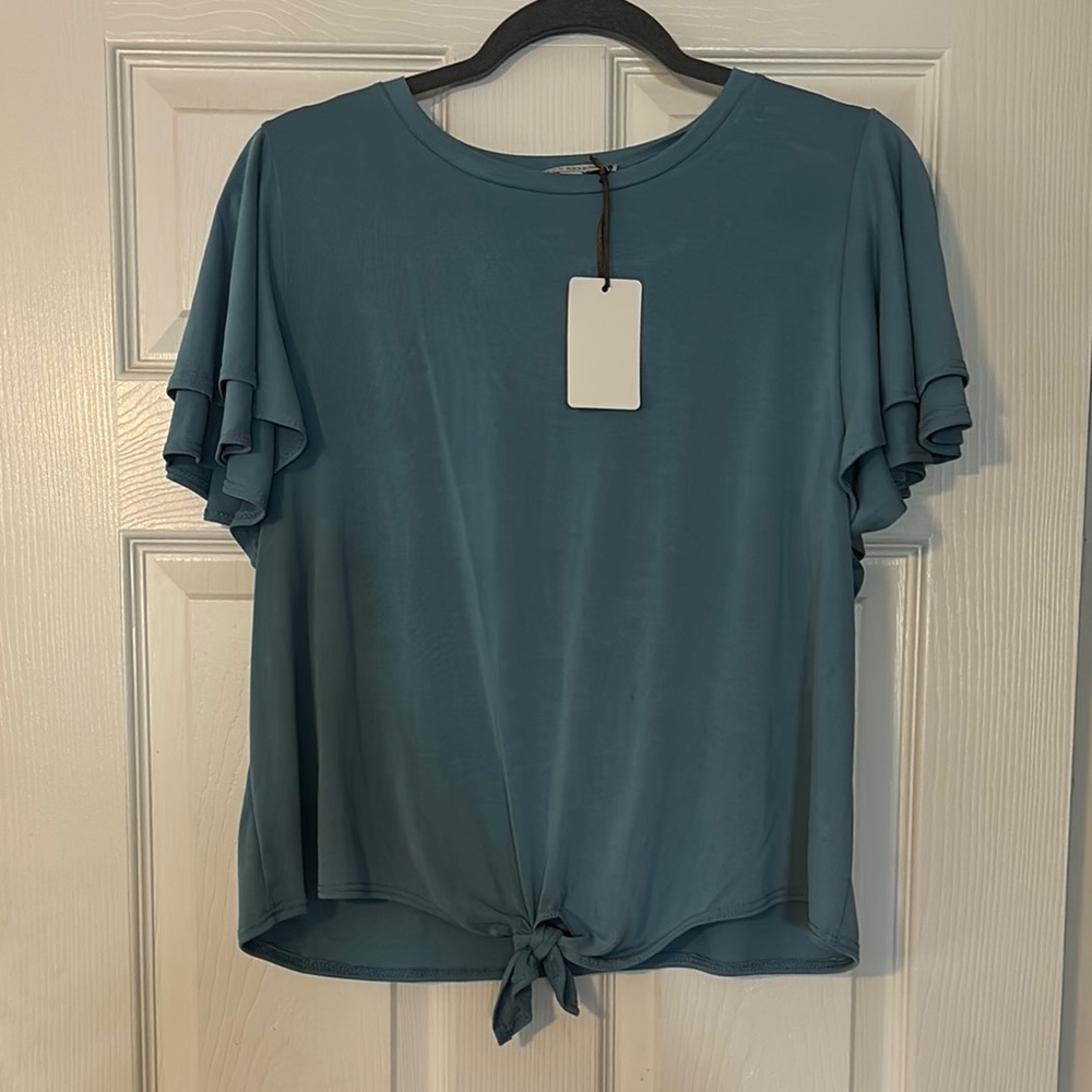 Green Envelope Blue Flutter Sleeve Blouse with Tie Front